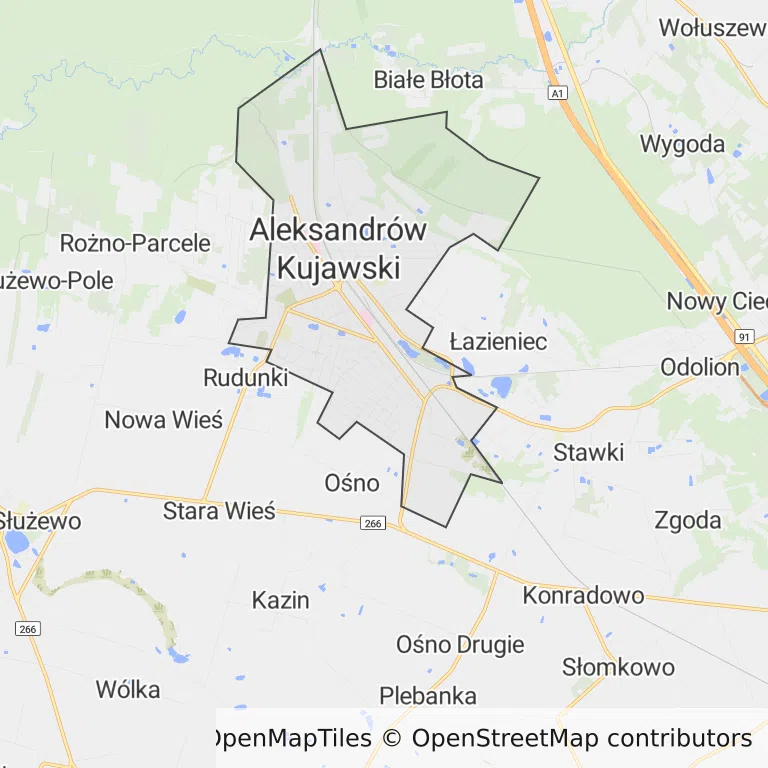 Mapa z zaznaczonym Aleksandrowie Kujawskim