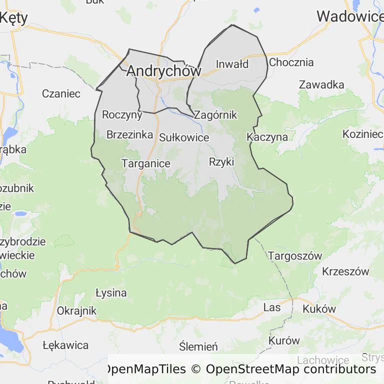 Mapa z zaznaczonym Andrychowem