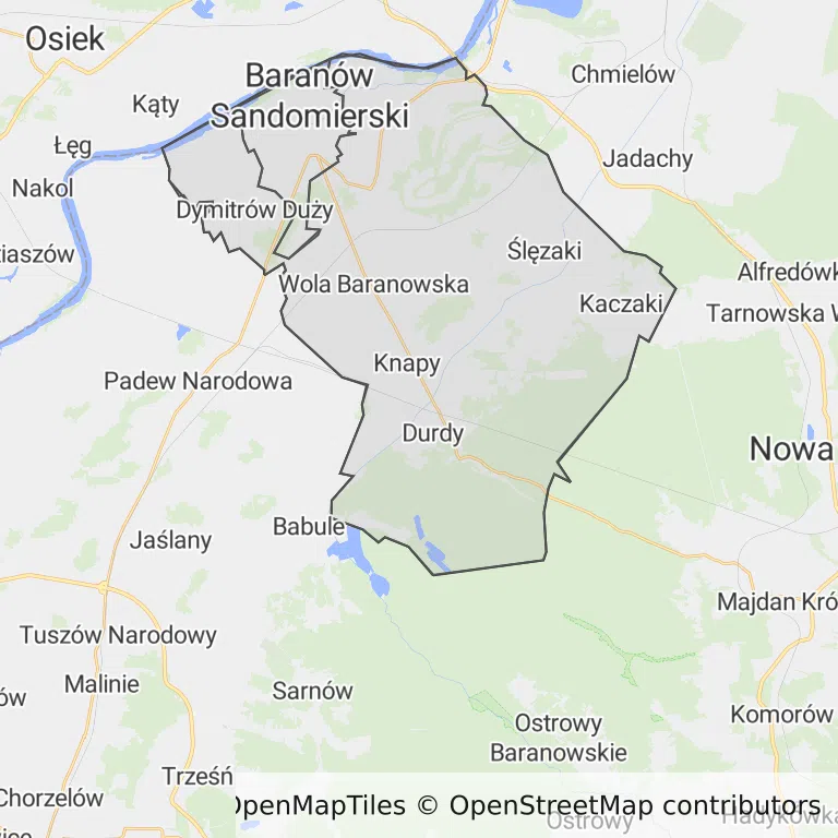 Mapa z zaznaczonym Baranowie Sandomierskim