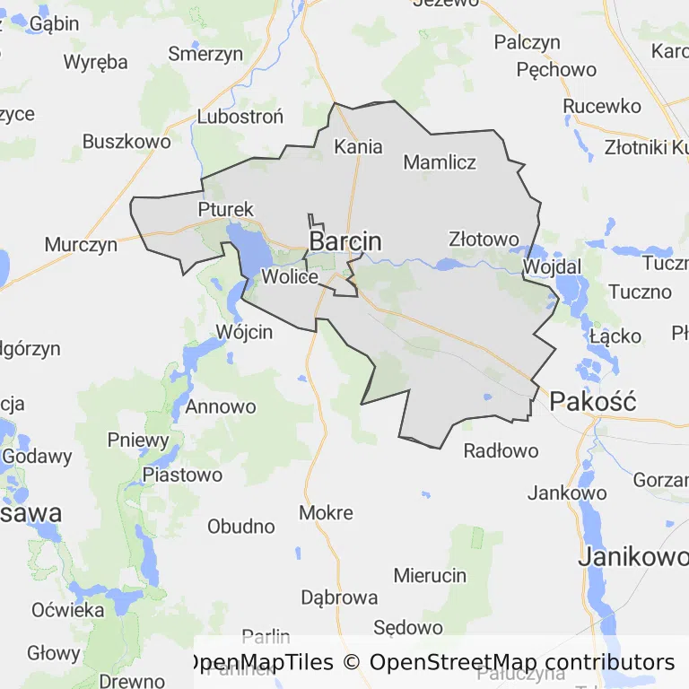 Mapa z zaznaczonym Barcinem