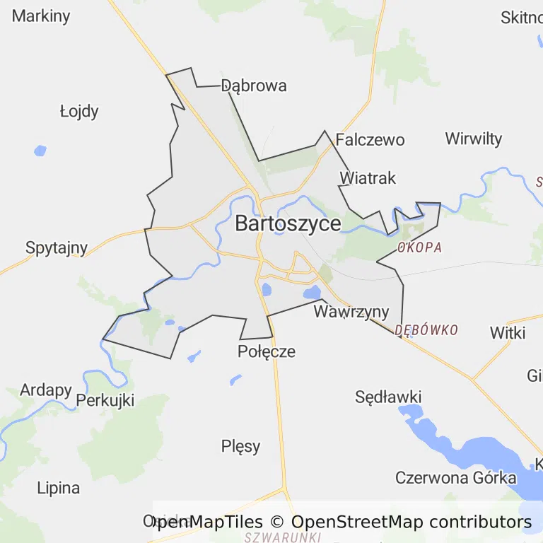 Mapa z zaznaczonymi Bartoszycami