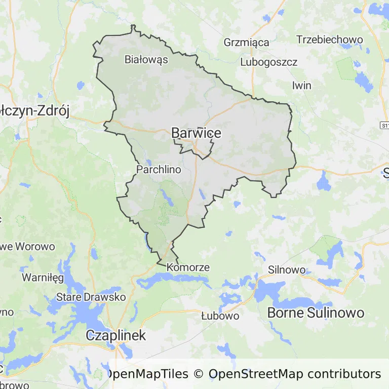 Mapa z zaznaczonymi Barwicami