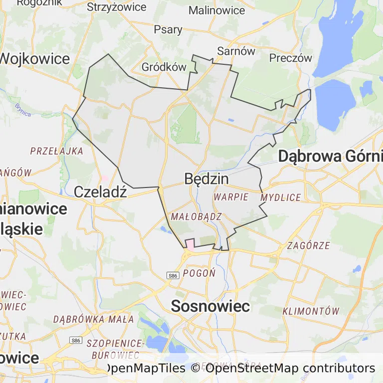 Mapa z zaznaczonym Będzinem
