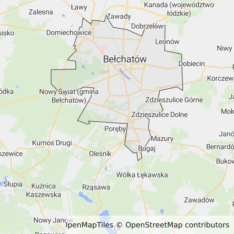 Mapa z zaznaczonym Bełchatowem