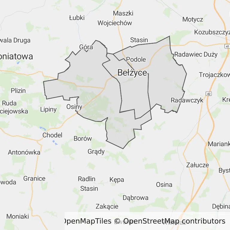 Mapa z zaznaczonymi Bełżycami