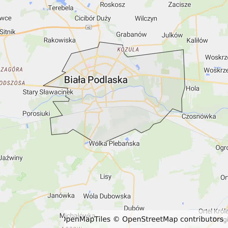 Mapa z zaznaczoną Białej Podlaskiej