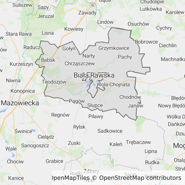 Mapa z zaznaczoną Białej Rawskiej