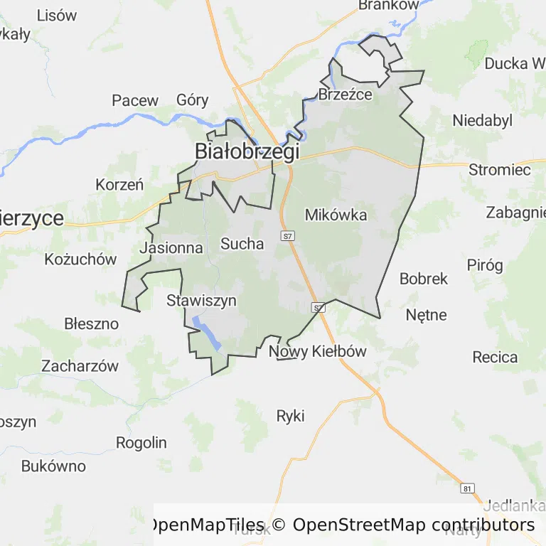 Mapa z zaznaczonym Białobrzegami