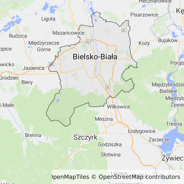 Mapa z zaznaczoną Bielsku-Białej
