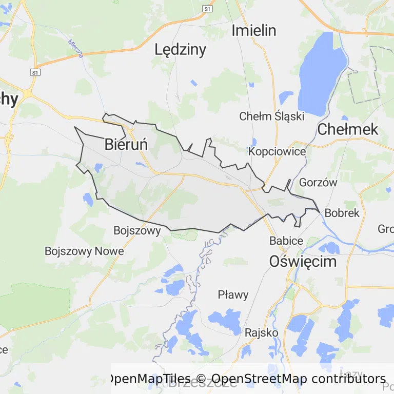 Mapa z zaznaczonym Bieruniu