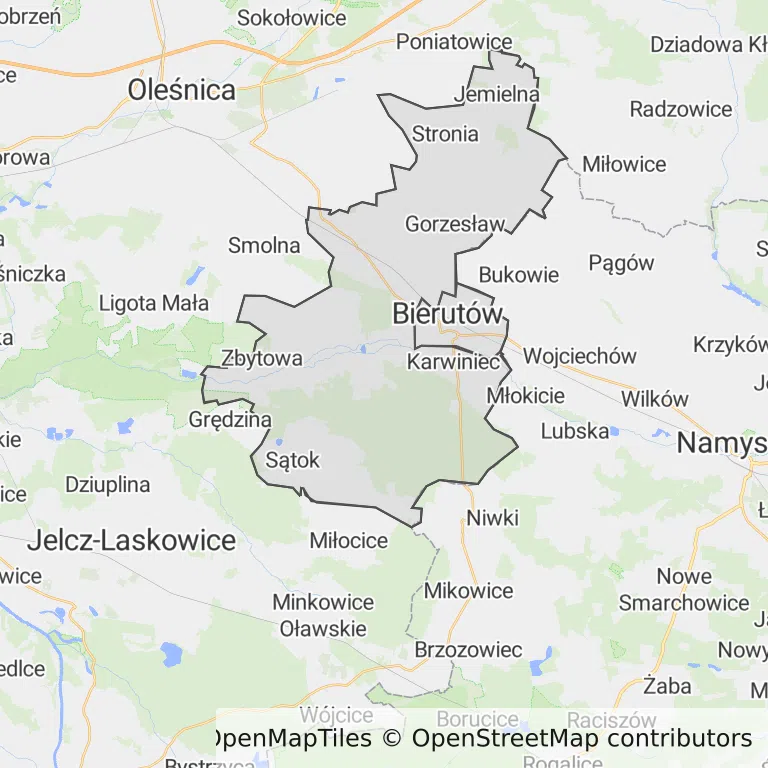 Mapa z zaznaczonym Bierutowem