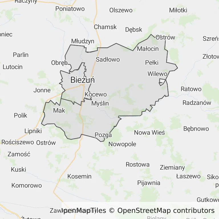 Mapa z zaznaczonym Bieżuniu