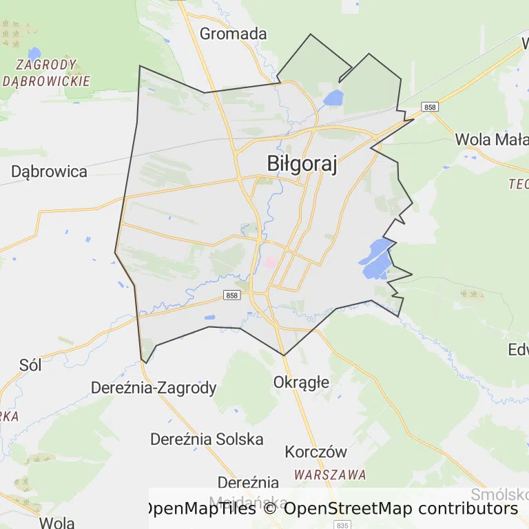 Mapa z zaznaczonym Biłgoraju