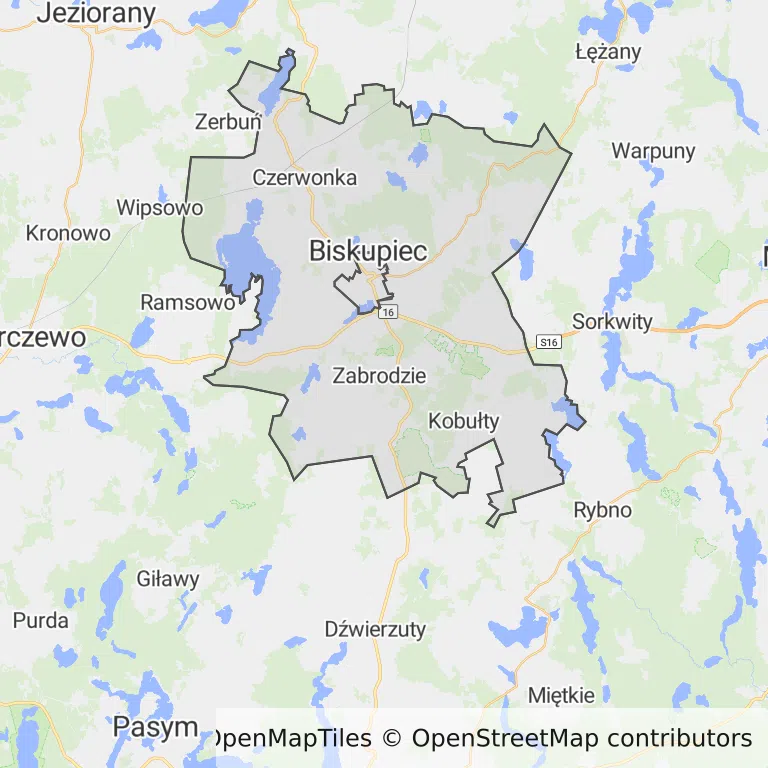 Mapa z zaznaczonym Biskupcu