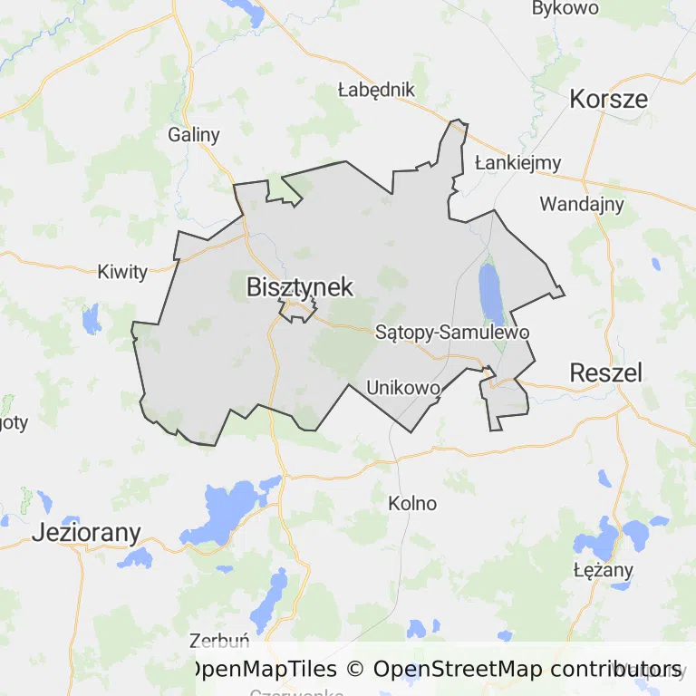 Mapa z zaznaczonym Bisztynkiem