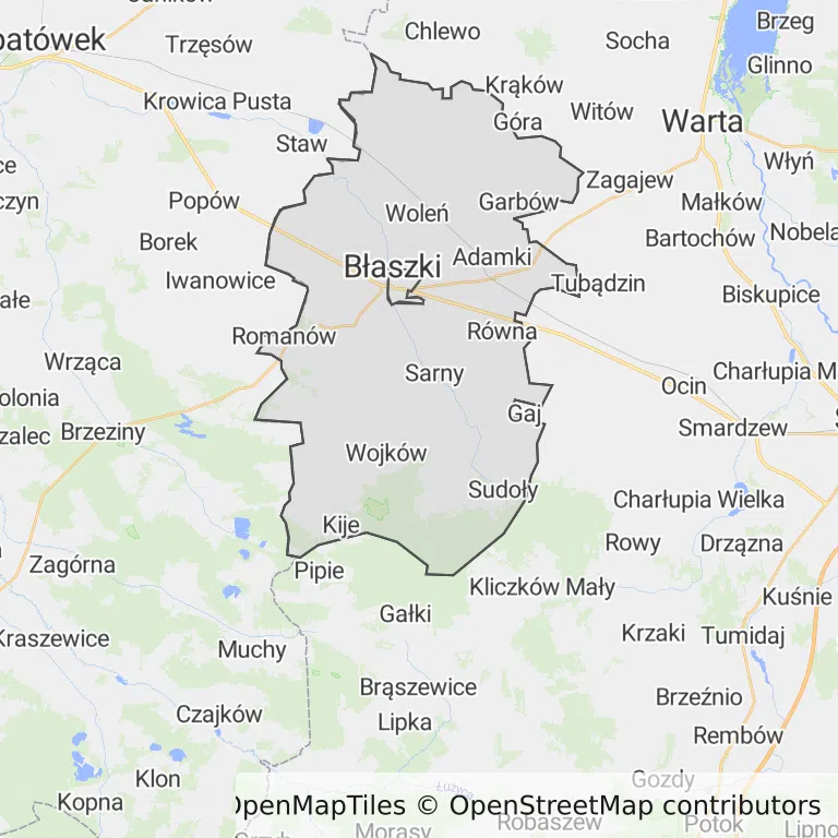 Mapa z zaznaczonym Błaszkami