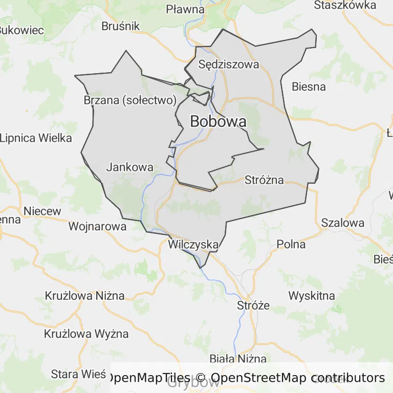 Mapa z zaznaczoną Bobowej