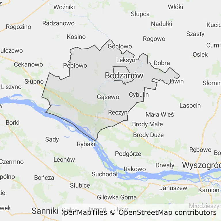 Mapa z zaznaczonym Bodzanowem