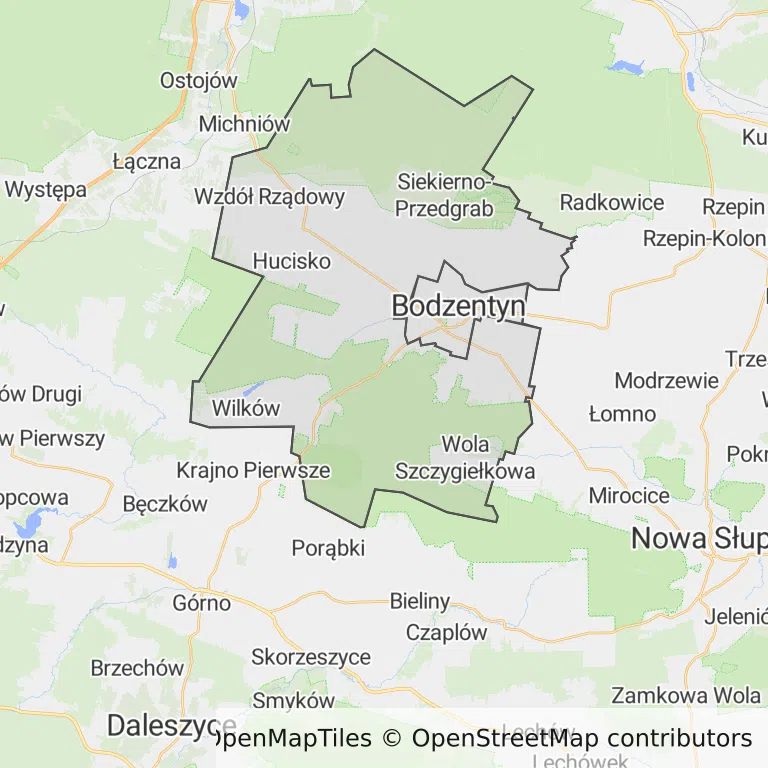 Mapa z zaznaczonym Bodzentynem