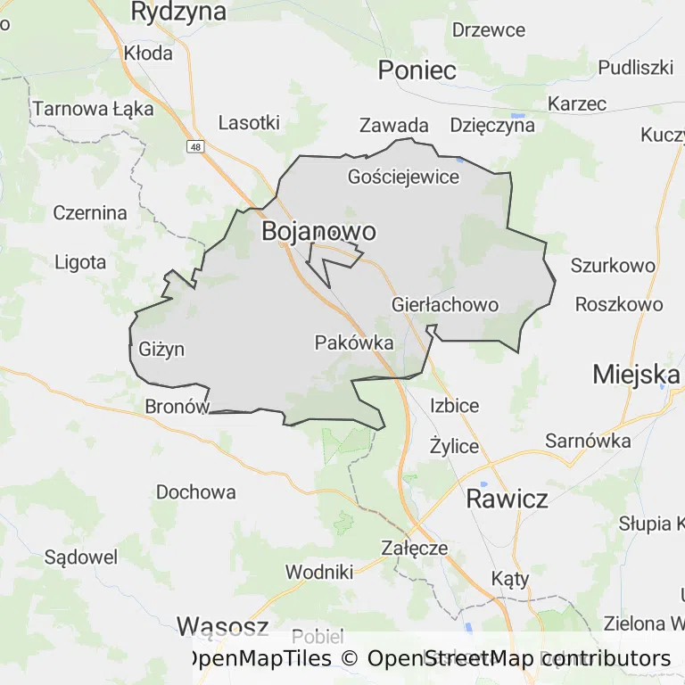Mapa z zaznaczonym Bojanowem