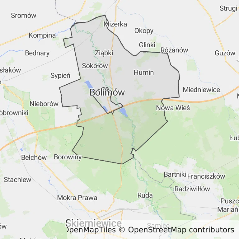 Mapa z zaznaczonym Bolimowem