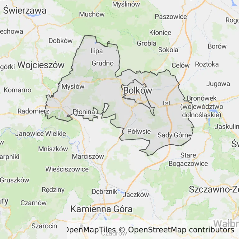 Mapa z zaznaczonym Bolkowem