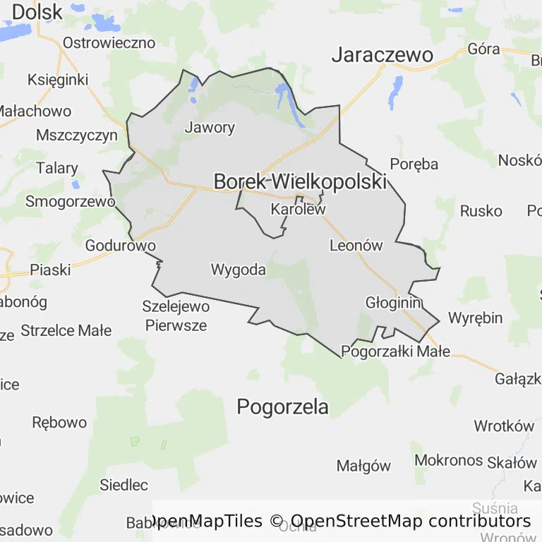 Mapa z zaznaczonym Borku Wielkopolskim