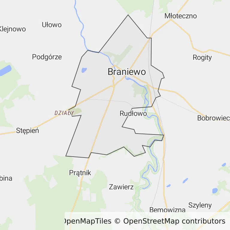 Mapa z zaznaczonym Braniewem