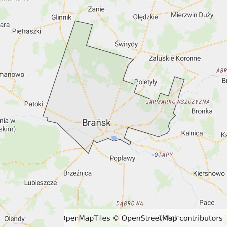 Mapa z zaznaczonym Brańskiem