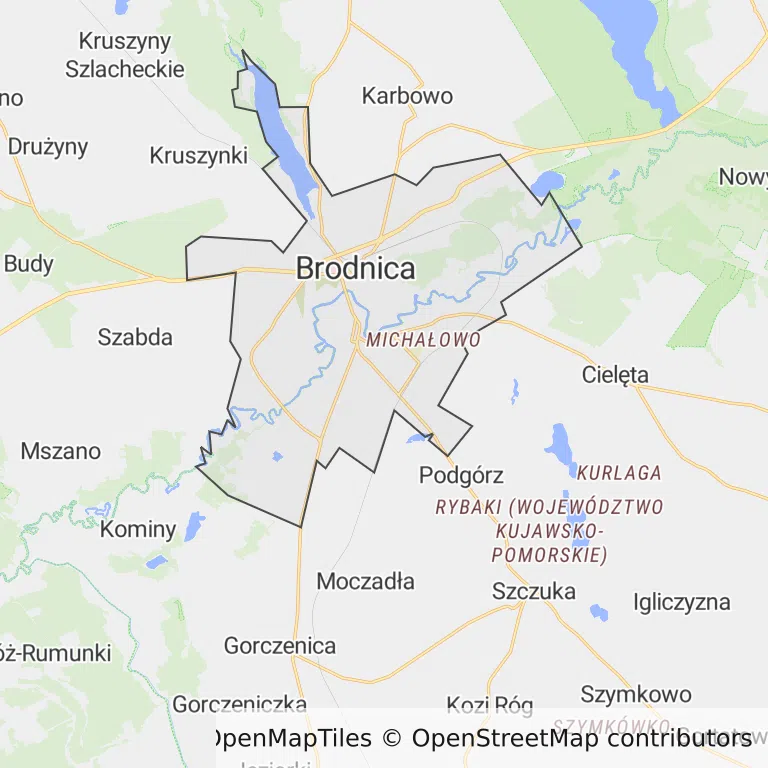 Mapa z zaznaczonym Brodnicy