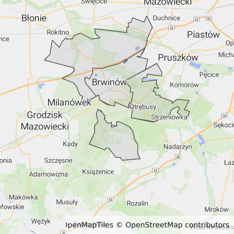Mapa z zaznaczonym Brwinowem