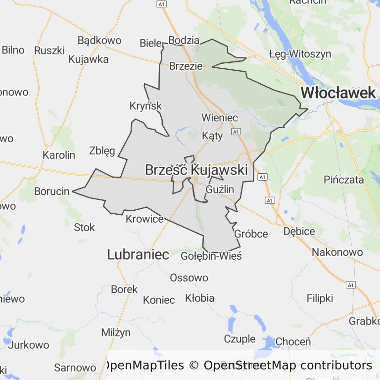 Mapa z zaznaczonym Brześciu Kujawskim