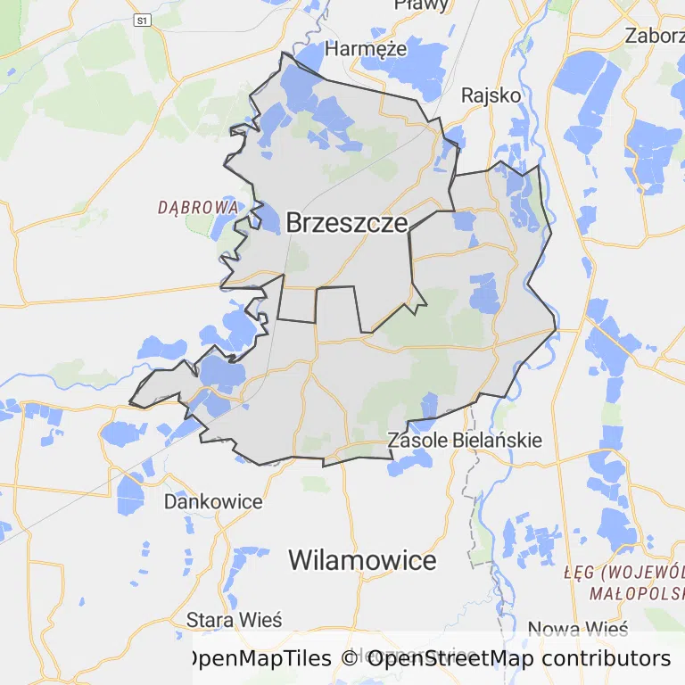 Mapa z zaznaczonym Brzeszczami