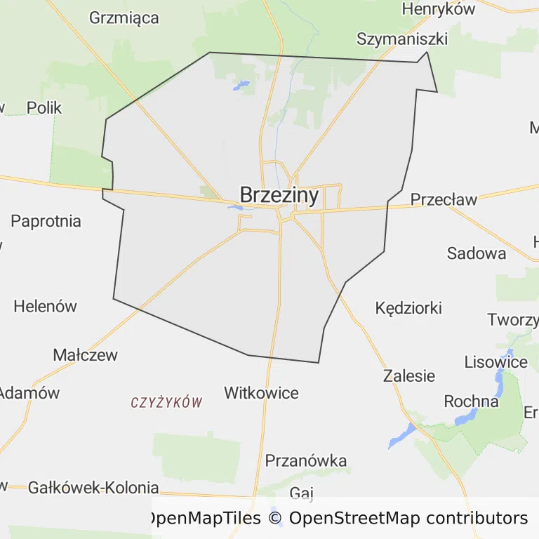 Mapa z zaznaczonym Brzezinami