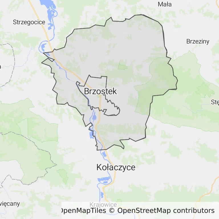 Mapa z zaznaczonym Brzostkiem