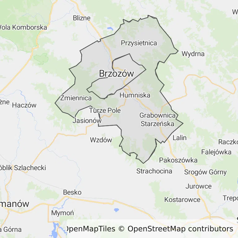 Mapa z zaznaczonym Brzozowem