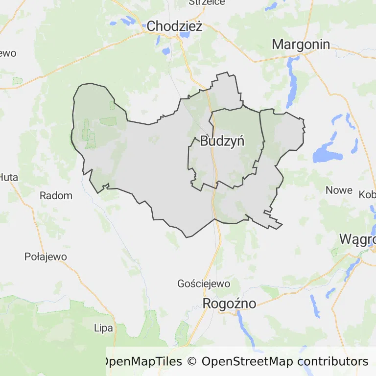 Mapa z zaznaczonym Budzyniu