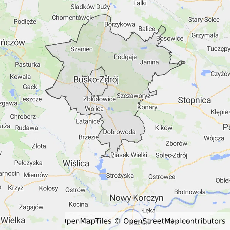 Mapa z zaznaczonym Busku-Zdroju