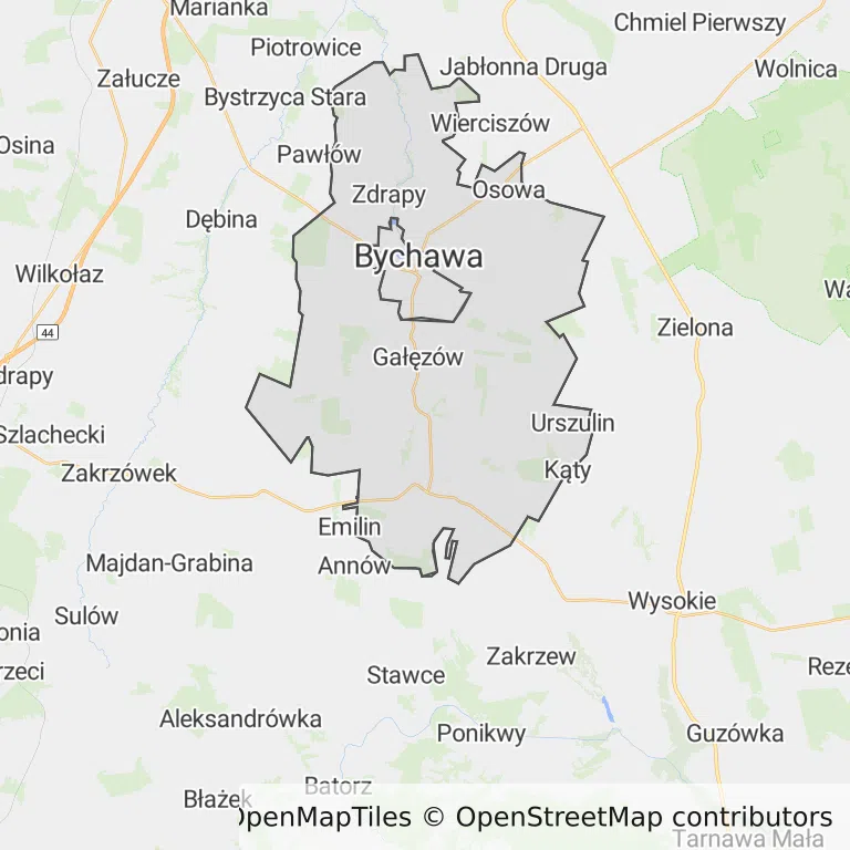 Mapa z zaznaczoną Bychawem