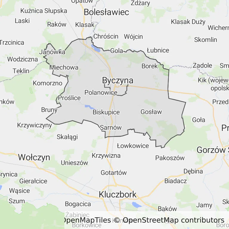Mapa z zaznaczoną Byczynem
