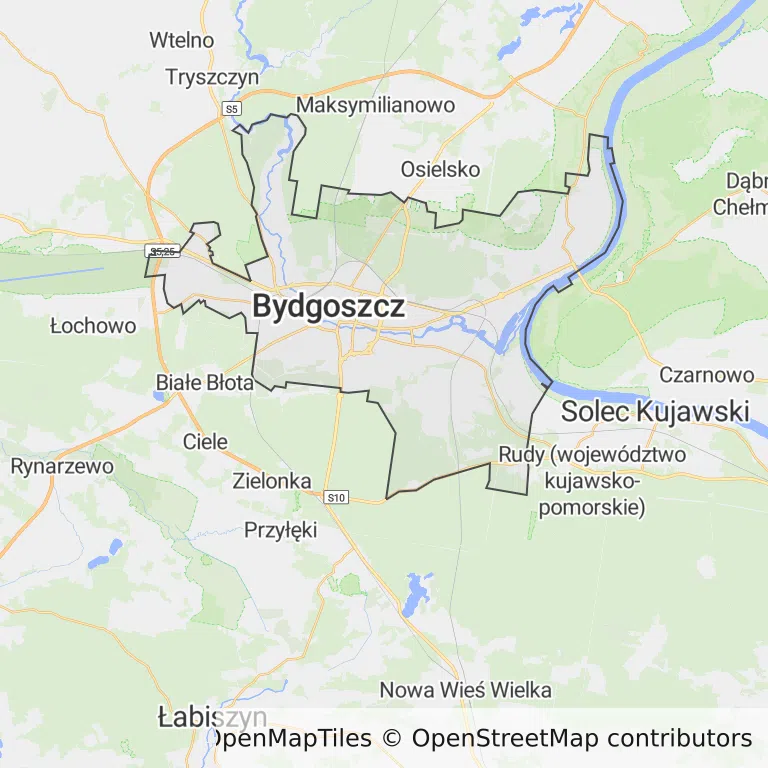 Mapa z zaznaczonym Bydgoszczy