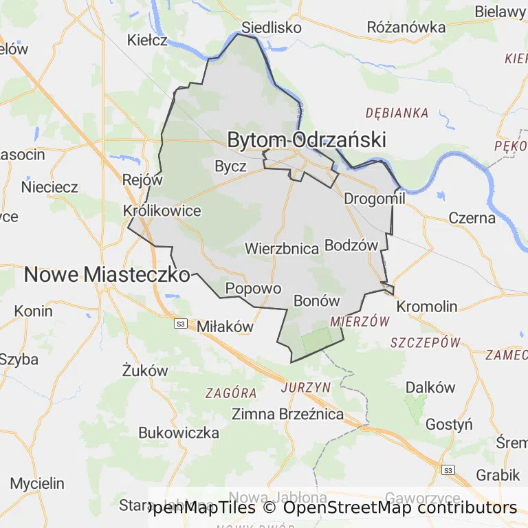Mapa z zaznaczonym Bytomiu Odrzańskim