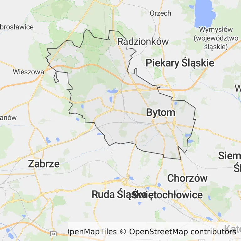 Mapa z zaznaczonym Bytomiem