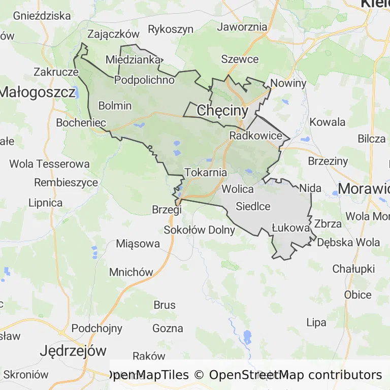 Mapa z zaznaczonym Chęcinami