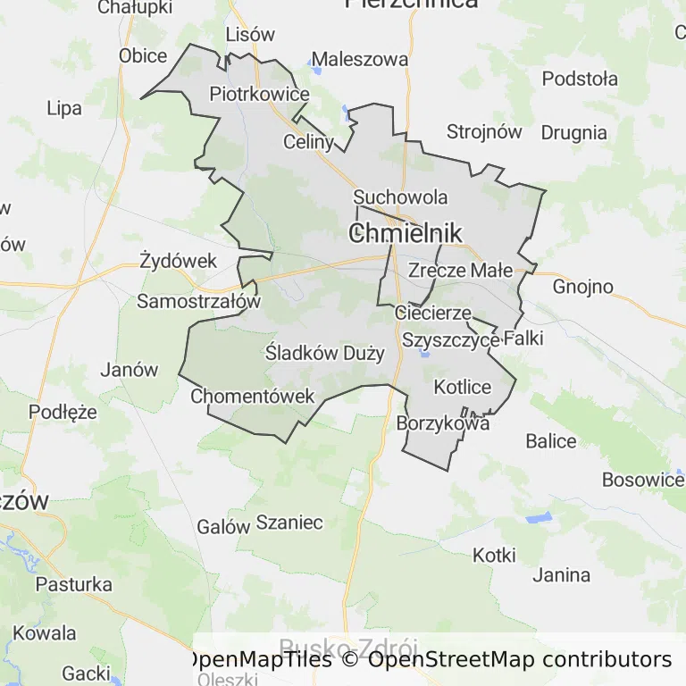 Mapa z zaznaczonym Chmielnikiem