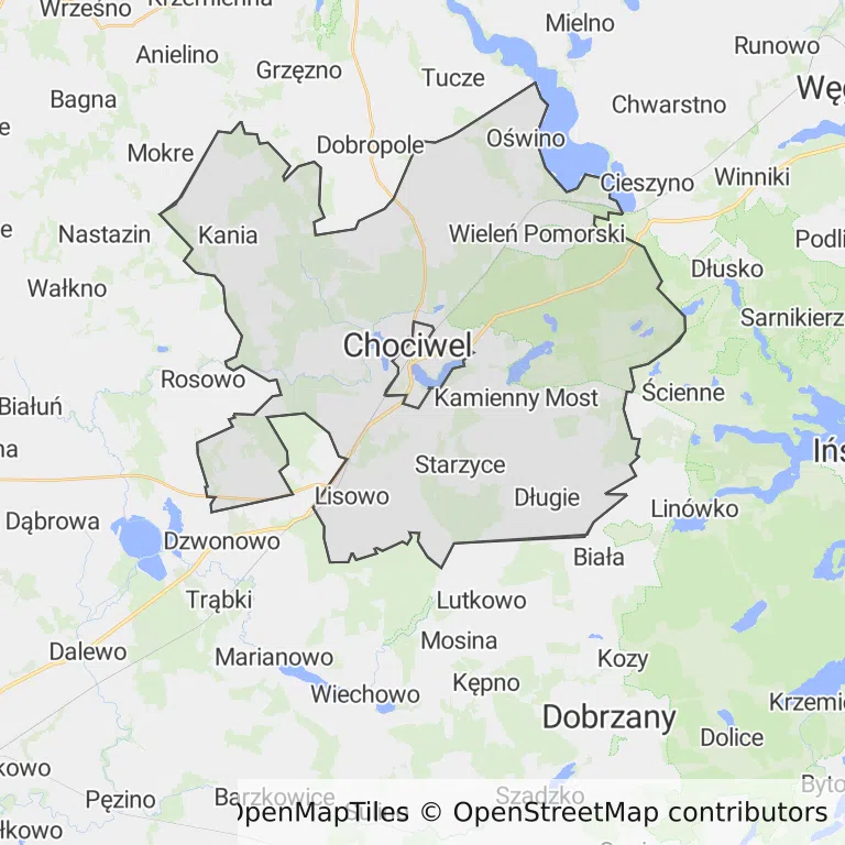 Mapa z zaznaczonym Chociwelu