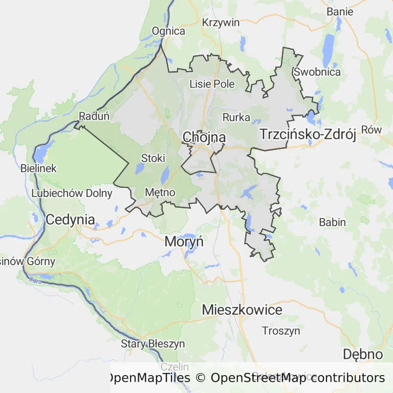 Mapa z zaznaczoną Chojnem