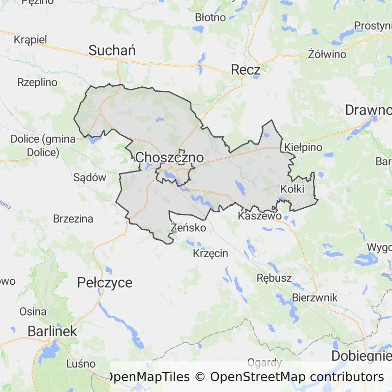 Mapa z zaznaczonym Choszcznem