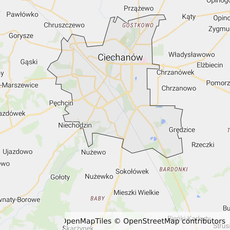 Mapa z zaznaczonym Ciechanowem