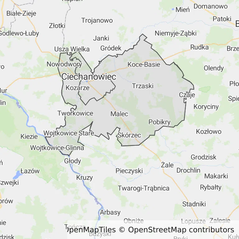 Mapa z zaznaczonym Ciechanowcu
